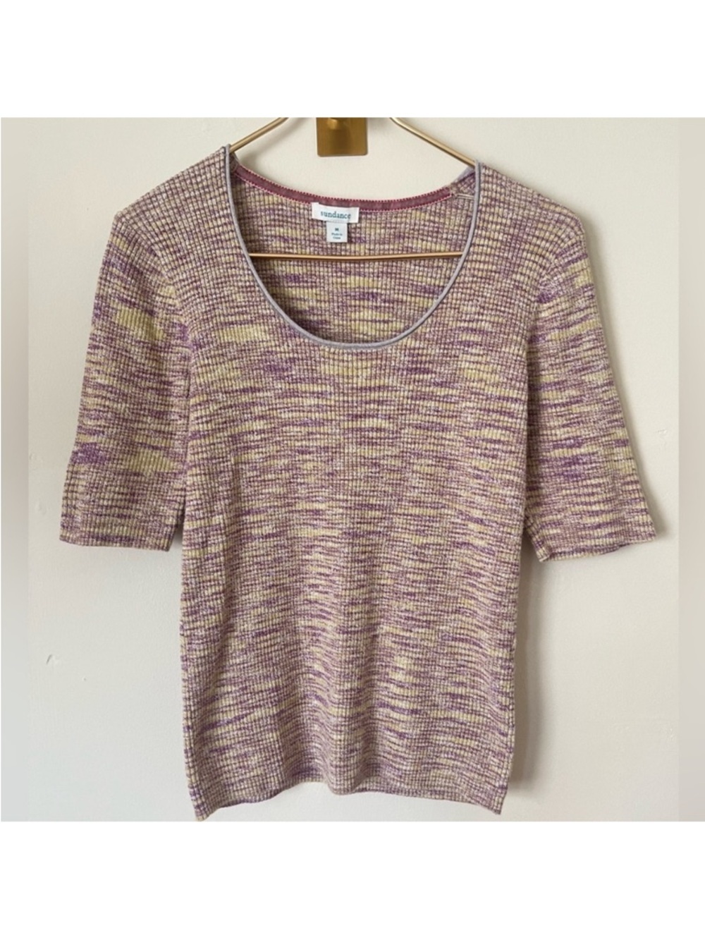 Sundance Lavender and Cream cotton spring Ribbed Short Sleeve Tee M